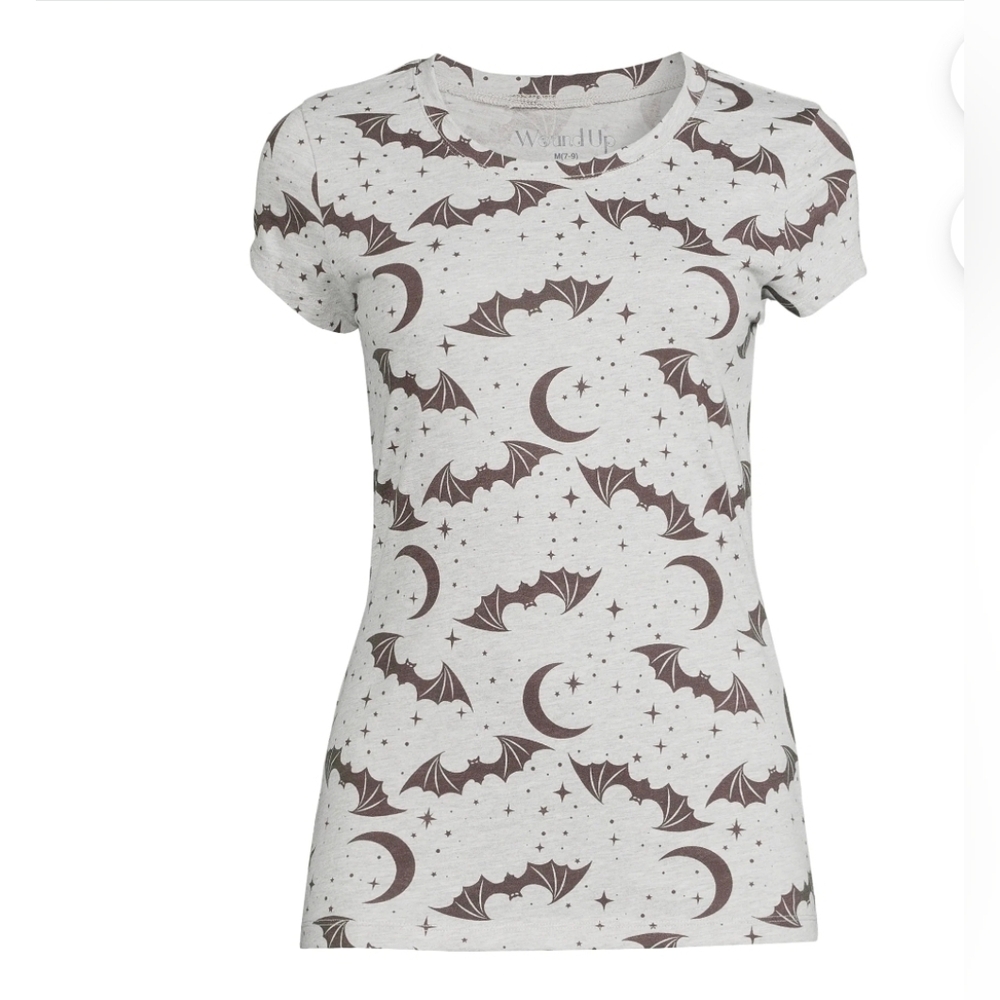 Wound Up Bat & Moon Print T-Shirt - Heather Grey - Juniors S (3-5) - Goth/Spooky